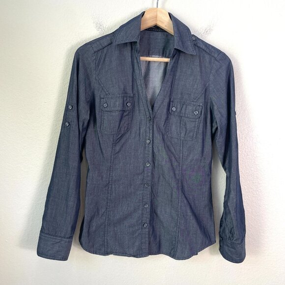 Express Womens Small Blue Chambray Button Up Shirt Roll Tab Sleeve Top - Picture 1 of 10